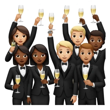 Un equipo cin trajes negros, personas blancos y negros de ventas celebrando un logro con un brindis. El fondo negro totalmente  sticker