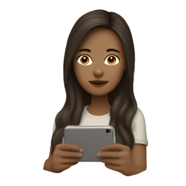 white girl with long dark brown hair in a bed with beige comforter on her phone sticker