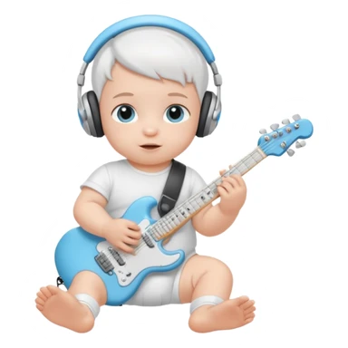 a cute baby in a white diaper and air pod max silver headphones playing a baby blue electric guitar sticker