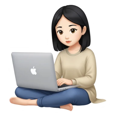 Asian girl with black hair sitting and watching a MacBook laptop sticker