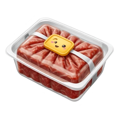 A 3D cartoon pack of minced meat wrapped in transparent plastic, supermarket-style packaging, top angleMemoji-style. sticker