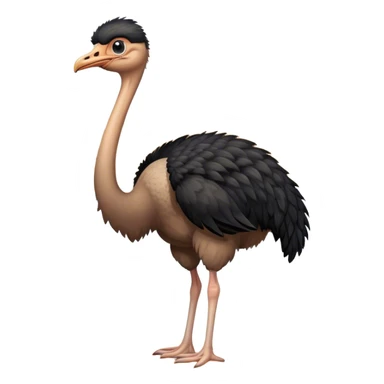 An adult ostrich standing in the desert, with black feathers. beak open. sticker