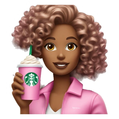 Barbie girl with curly hair holding Pink starbucks refresher sticker