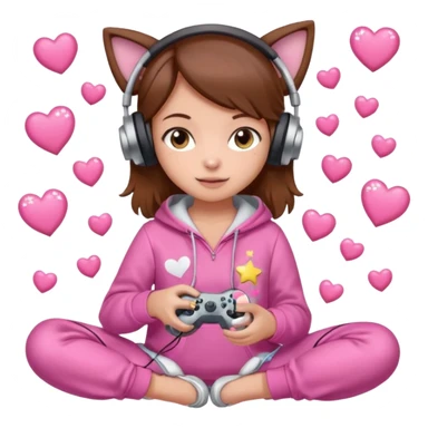A brown-haired cartoon girl in a pink sparkly hoodie with headphones on, holding a game controller, surrounded by hearts, stars, and a puppy and kitten cuddling at her feet. sticker