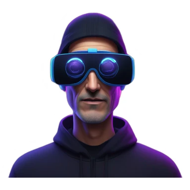 Steve Jobs wearing a black hoodie with "OMG" letters on it and VR headset in a cyberpunk VR environment with violet neon lighting. sticker