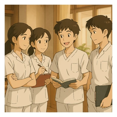 Groupe de quatre étudiants infirmiers, style Ghibli, en train de discuter et collaborer à l'intérieur. Uniformes médicaux blancs, manches courtes, col en V, poche poitrine à gauche, avant-bras découverts, cheveux longs attachés, pas de stéthoscopes ni pied de col. Atmosphère conviviale et studieuse. sticker