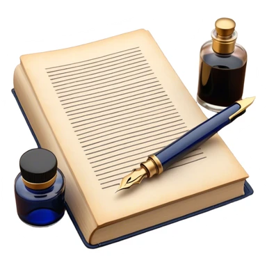 Create a vibrant emoji representing prose writing. The design should feature an open book with pages showing unfinished prose, a classic fountain pen or quill with black or dark blue ink, and an ink bottle (inkwell) next to it. The pages should have visible lines of text, but some should remain unfinished, symbolizing the creative process. Use warm, earthy tones like brown, gold, and cream for the book and background, with the ink and pen in black or dark blue. The emoji should convey the idea of storytelling, creativity, and the unfinished nature of literary work. Make the background transparent. sticker