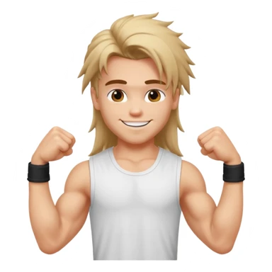 generate a pretty bratz boy with messy long mullet hair, sleeveless white tshirt, big biceps sticker