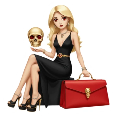 Lilith symbol red eye seductress  length blonde haired powerful woman with Gucci, and Hermes bags next to her. Wearing long dress with slit, sitting on of gold and diamonds. Black Platform high heels on feet. seat stacked with designer bags,  dead human skull of her enemies in her other hand sticker