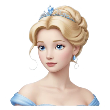 Cinematic Realistic Cinderella Portrait, depicted with lifelike skin texture, subtle rosy undertones, and soft natural lighting that enhances the gentle contours of her face. Her intricately detailed golden blonde hair is elegantly styled in an updo, with delicate wisps framing her face. Her deep, expressive blue eyes radiate warmth and sincerity, reflecting a quiet resilience and grace. She holds a glass slipper gently in one hand, her other hand resting gracefully at her side, emphasizing the timeless beauty of the moment. She is dressed in her iconic ball gown, the fabric shimmering with intricate embroidery and fine translucent layers that catch the light beautifully. The soft sheen of satin gloves adds a magical touch to her graceful pose. The portrait features an enchanting glow with a natural, luminous finish, seamlessly blending realism and fairytale charm to evoke a sense of depth, elegance, and timeless beauty. sticker