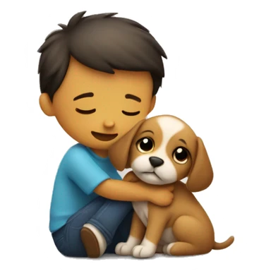 Small Puppy tightly hugs sitting boy  sticker
