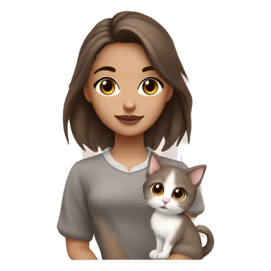 White girl with dark brown hair, light brown highlights, mole under left eye, big lower lip, slight blush, brown eyeshadow, cuddling a light gray kitten with paws up, collar saying “Lux.” sticker