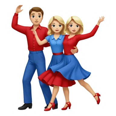 Two people. Man wearing all  RED with brown hair. Women  ALL blue with blond hair. Swing Dancing.  sticker