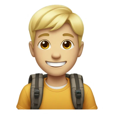 smiling blonde boy with front tooth missing and with backpack sticker