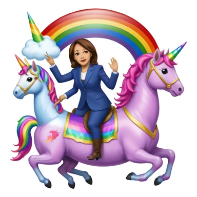 Kamala Harris and donald trump riding a rainbow unicorn sticker