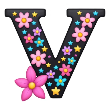 The letter V in black font with a pink heart stars and flowers sticker