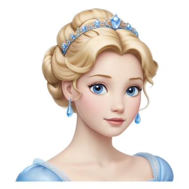 Cinematic Realistic Cinderella Portrait, depicted with lifelike skin texture, subtle rosy undertones, and soft natural lighting that enhances the gentle contours of her face. Her intricately detailed golden blonde hair is elegantly styled in an updo, with delicate wisps framing her face. Her deep, expressive blue eyes radiate warmth and sincerity, reflecting a quiet resilience and grace. She holds a glass slipper gently in one hand, her other hand resting gracefully at her side, emphasizing the timeless beauty of the moment. She is dressed in her iconic ball gown, the fabric shimmering with intricate embroidery and fine translucent layers that catch the light beautifully. The soft sheen of satin gloves adds a magical touch to her graceful pose. The portrait features an enchanting glow with a natural, luminous finish, seamlessly blending realism and fairytale charm to evoke a sense of depth, elegance, and timeless beauty. sticker