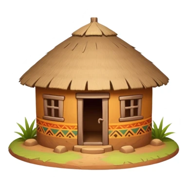 African mud hut tribal house, round adobe clay house, thatched roof, warm sunlight, colorful tribal patterns, cute mobile game icon, 3D cartoon, high detail, clean background sticker