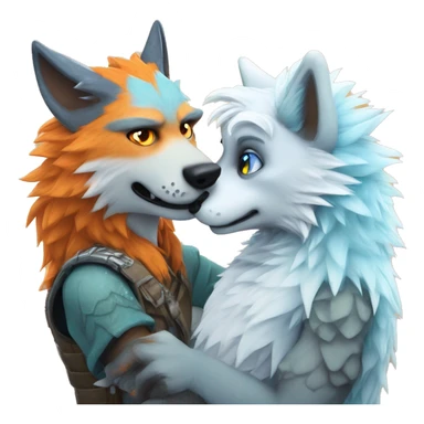 Male wolf furry getting patted on the head by a Male lizard-fox hybrid furry with orange fur interspersed with shimmering orange scales, lizard nose, icy blue eyes, white emo Hair sticker