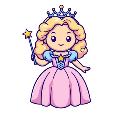 Glinda the Good Witch with long blonde curly hair, sparkling tiara, puffy pink ballgown, and magic wand with star sticker