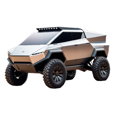 Tesla Cybertruck - A futuristic Tesla Cybertruck, angular and geometric with a sharp, triangular body shape. Stainless steel exoskeleton with a raw, unpainted, brushed-metal finish. A sleek, narrow LED light bar stretches across the entire front. Large, rugged off-road tires with exposed wheel arches. Smooth, handle-free doors and a slanted, armored rear with a retractable tonneau cover. Rear LED strip mirroring the front. The vehicle looks like a sci-fi-inspired, bulletproof stealth tank on wheels, set in a high-tech urban environment at sunset, with reflections on its metallic surface. sticker