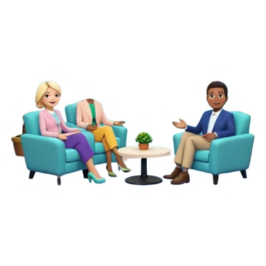 Morning entertainment TV studio, cozy talk show set with armchairs and couch with people, LED screen behind, warm pastel colors, green and blue lighting panels, festive decorations, friendly daytime TV atmosphere, realistic broadcast studio, no branding. sticker