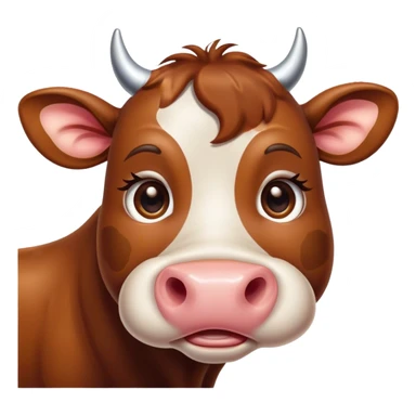 Cinematic Cute Brown Cow Portrait Emoji, Head tilted playfully and inquisitively, featuring a glossy, rich brown hide with a natural sheen, round, sparkling brown eyes filled with gentle curiosity, Simplified yet irresistibly adorable features, highly detailed, glowing with a warm, friendly glow, high shine, affectionate and serene, stylized with a touch of country charm, bright and endearing, soft glowing outline, capturing the essence of a mischievous yet loving cow, so playful it feels like it could moo out of the screen and into your arms! sticker