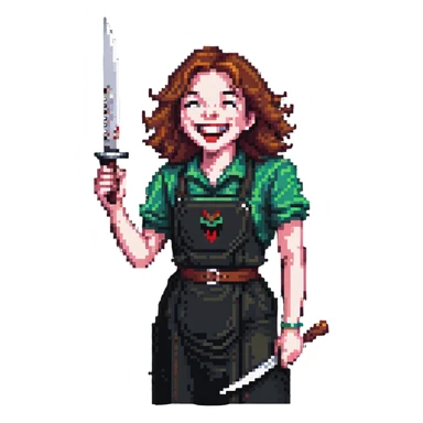 pixelated savage person in 1988 fashion with neon colors, holding knife, wicked laugh sticker