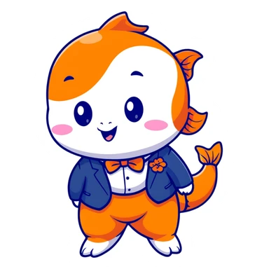 A super kawaii koi fish character with enormous cute eyes, blushing cheeks, bubbly playful expression, orange and white patterns, wearing a tiny business suit with bowtie sticker
