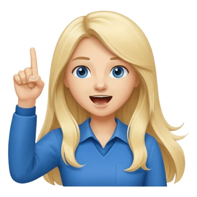  blue eyes blonde girl yelling into megaphone with right hand smiling long hair holding up left first finger sticker