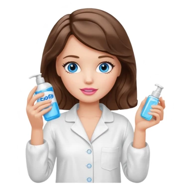 Barbie girl with makeup, blue eyes , and bob long haircut wavy, short brown hair in white pajamas, face gel in hand sticker