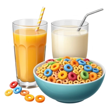 A glass of juice and a bowl with cereals sticker