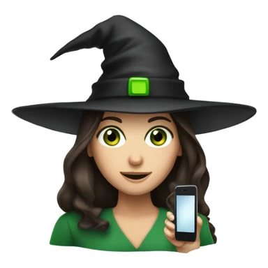 A brunette with green eyes and a witches hat with a cell phone  sticker