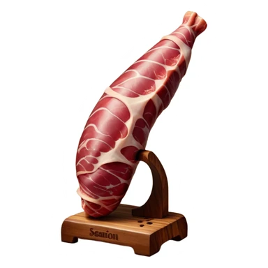 ​Cinematic Realistic Spanish Jamón Leg, depicted as a massive, cured leg of Jamón serrano (ham) with a deep reddish-brown hue, intricately marbled and slightly glossy with age, elegantly displayed on a rustic wooden stand and bathed in warm, soft lighting that accentuates its artisanal heritage, sticker