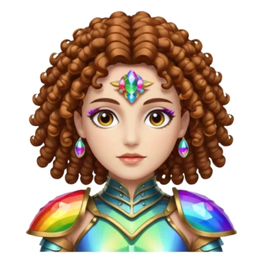 nude woman short curly brown mullet brown eyes white skin wearing crystal rainbow beetle armor sticker