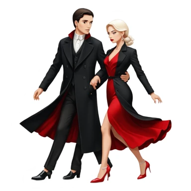 Ultra detailed realistic tango couple icon, black background, dramatic lighting, long black coat on man, white shirt and white shoes, red dress and white heels on woman, centered, minimal background, high contrast, 4K resolution, profile picture ready, sharp clean edges sticker