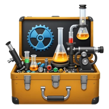toolbox science, chemicals, mechanical gears, steampunk, electronics, resistors, ic, physics, microscope, nuclear model, radioactivity sticker