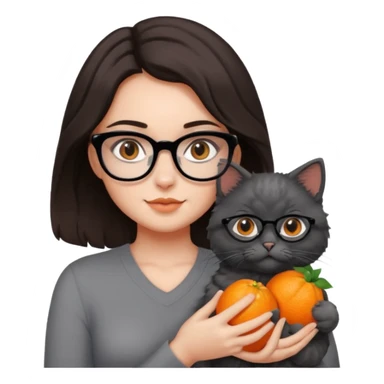 girl with dark brown hair, medium length to her chest, slightly wavy, the girl has black glasses and black eyes, she’s holding a grey fluffy cat with bright orange eyes  sticker