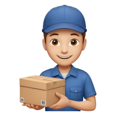  delivery worker holding a cardboard package. Wearing a cap and uniform shirt, smiling expression. Rounded, glossy, smooth, soft shadows, white background.




 sticker