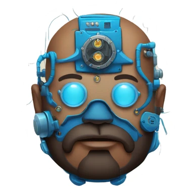 Bearded Fat bald cyborg head with brown skin, blue steampunk goggles and circuits sticker