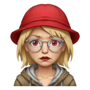 very dirty looking homeless woman with ripped red hat with ugly blond hair and broken glassess sticker