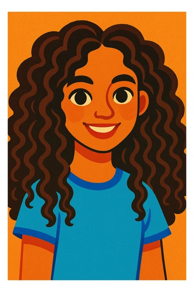 portrait of a girl with long curly brown hair type 3a and dark brown eyes, vibrant and friendly illustration style sticker