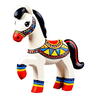 Dymkovo toy horse, traditional Russian clay figurine with colorful geometric patterns, white base with red, blue and yellow decorations sticker