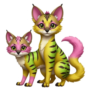 Cute kawaii cool edgy badass  vivid tropical mango-lime-pink splash-patterned silky fur fantasy-caracal-civet-genet-sergal-vernid-Gryphon-Cacomistle-Trico-oncilla-animal-Fakémon-hybrid-fursona (full body), facial markings, (realism style) sticker