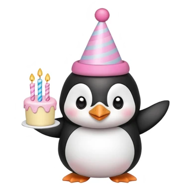cute penguin  hold a birthday cake in both arms with pink birthday hat sticker