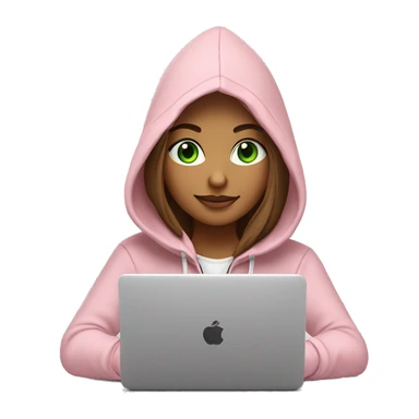 a girl with brown long hair, fair skin, green eyes, is working relaxed at a modern laptop in a monochrome pale pink zip hoodie with a hood and a pink monochrome T-shirt sticker