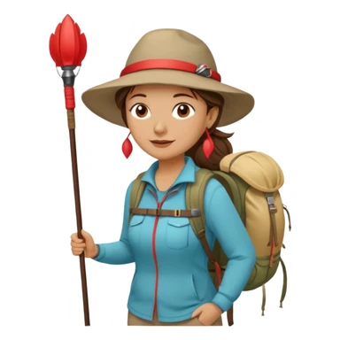 Middle aged women, long brown ponytail with wide brim hiking hat. With backpack and trekking poles. Backpack has a scallop shell with the cross of saint james hanging from it.  Remove the cross and add a scallop shell on a red string hanging from the backpack  sticker