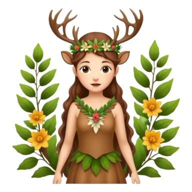 forest fairy woman dressed as deer spirit, antler crown and leaf dress, standing in flowers sticker