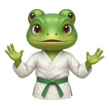cute frog doing karate portrait, head and shoulders only, wearing white gi uniform, green belt visible, funny serious face, 3D cartoon, mobile game icon style, clean background, no text, no watermark
 sticker