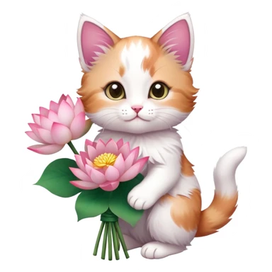 Kitten holding a bouquet of lotus flowers sticker